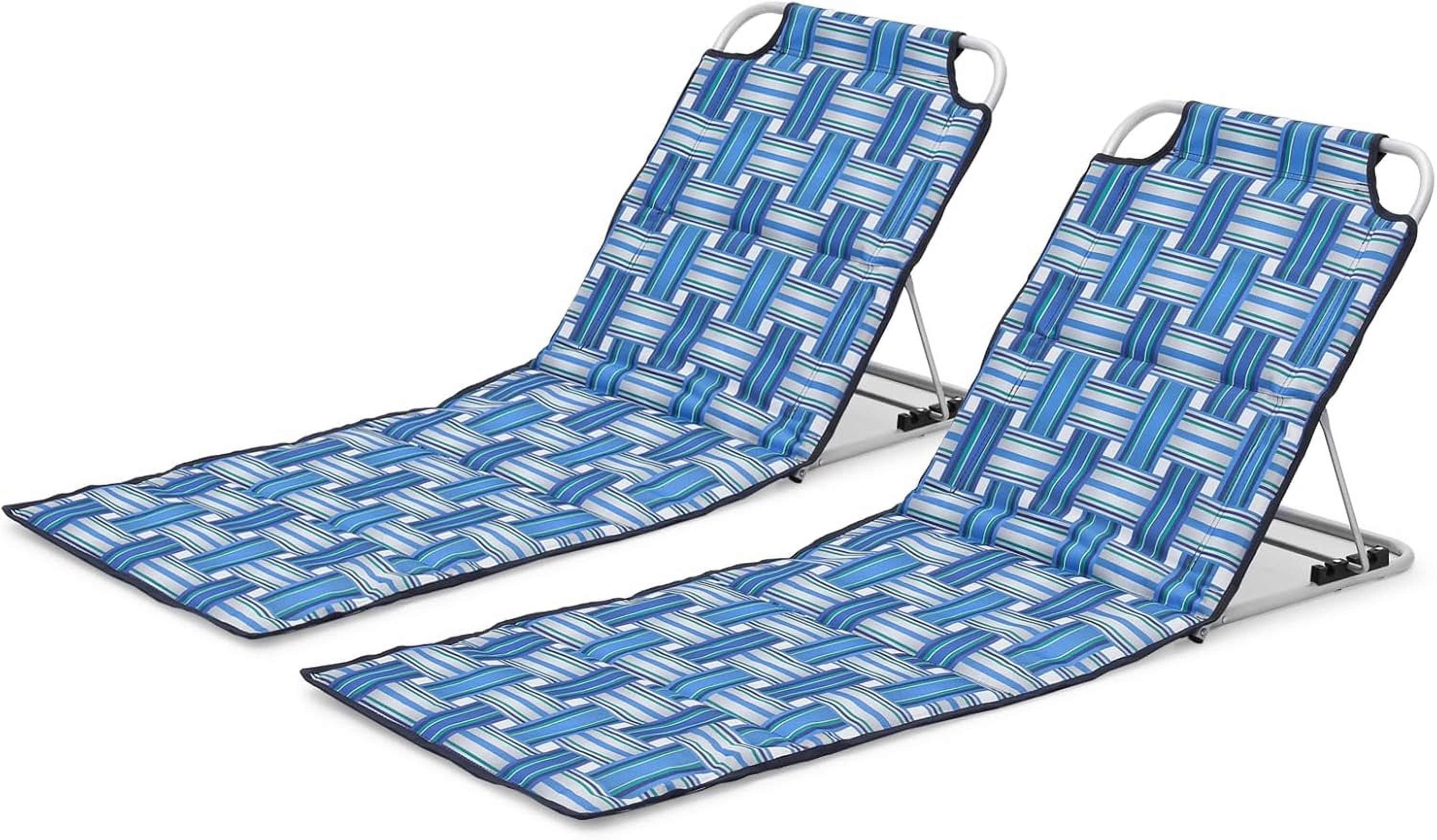 Magshion Folding Beach Lounge Mat, Portable Reclining Beach Chairs, Lightweight Adjustable Sunbathing Sun Tanning Chairs for Adults 2-Pack, Blue Stripes